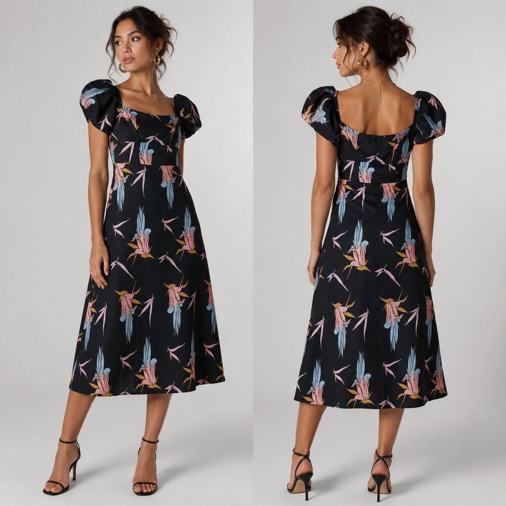 Topshop Midi Dress Puff Sleeve Floral Print Black Pink US 2 XS‎ Romantic